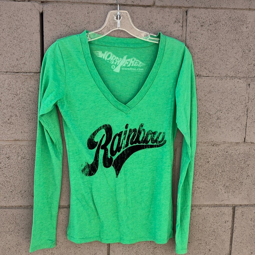 Worn free brand- green cotton blend Tee shirt. Distressed writing -Rainbow